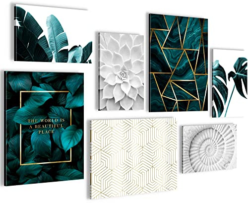 Novart- Tableau Décoration Murale- Set Feuilles vertes- Decoration Chambre Salon- Prêt à être Accroché- 7 Cadres de 30x40 & 20x30 cm- Vert- N023971a
