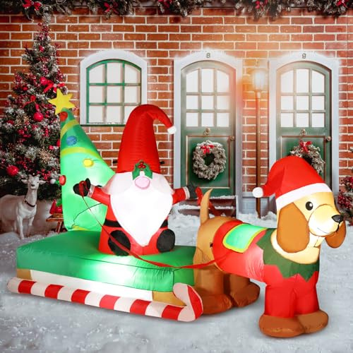 BLOOMWIN Aufblasbare Weihnachtsdeko Aussen - 2,5m Lang Aufblasbar Weihnachtsbeleuchtung Außen Figur Gnom Zwerg Dackel Schlitten Weihnachtsbaum Wetterfest XXL Deko Weihnachten Draußen Hof Garten