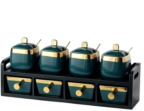 PIPONS Zuckerdose Salztopf Keramik-Gewürzbehälter-Set Mit Holzständer, Zuckerdose, Gewürzglas Mit Deckel Und Löffel Für Die Küche Zu Hause Salzdose Spice Jars