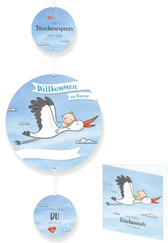 Storch zur Geburt Schild 100 cm I Willkommen Zuhause Baby Girlande blau I 6-teiliges Set, personalisierbar I vormontiert I Aufhänger Babyparty Deko Mobile Geburtsgeschenk Türschild Geburtsstorch