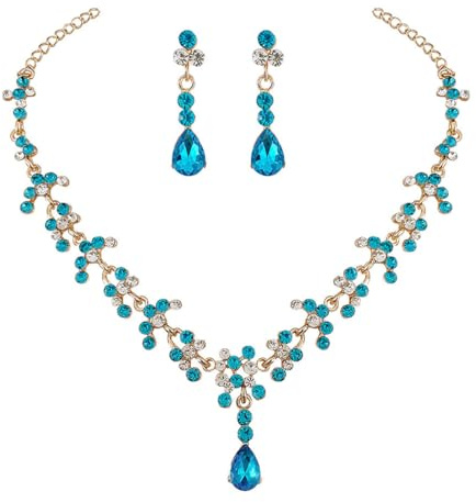 Prosy Juego de collar y aretes de diamantes de imitación para novia, collar de cristal, fiesta nupcial, conjuntos de joyas para mujeres y niñas, Gema, Diamantes de imitación, azul celeste