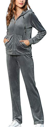 MessBebe Velour träningsoveraller för kvinnor set sweatsuit huvtröja topp och joggingbyxor vardag myskläder 2 delar, Mörkgrå-a, XL