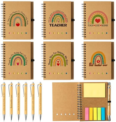 ANGOLIO Lehrer Haftnotizen Klebezettel Set - 12er Set Rainbow Spiral Notizblöcke Bambus Pens Inspirierende Kraftpapier Notepads Bunt Sticky Notes Index Tabs für Schule Büro Wertschätzung Geschenk