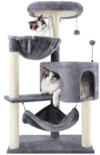 ROYPET 100cm Cat Tree with Sisal Scratching Posts for Indoor Cats,Cat Tower with Hammock and Hanging Ball Toy,Pet Furniture Activity Centre with Condo,Play Towers&Trees,Grey(New)