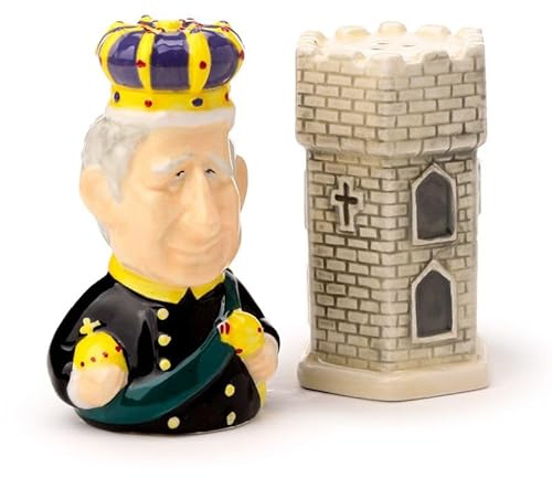 JMS we create smile - Salt & Pepper Shaker Set Novelty King Charles III Ceramic Shaker Pots Pepper and Salt Cruet Set - Spice Shaker Set Condiment Dispenser Seasoning Set for Home Kitchen Dining Table