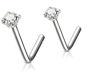Twilight London 2 PACK Implant Grade Titanium L Bar Nose Studs, Classic 2 and 3mm Crystal Design, Hypoallergenic Newly Pierced Safe, Perfect for Men and Woman,