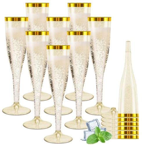 Bicchieri da spumante in plastica, 60 pezzi, da 150 ml, con bordo dorato e glitter, riutilizzabili, in plastica, per compleanni, matrimoni, feste, picnic, attività all'aperto (oro)