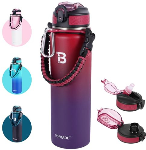 TOPBADE Bouteille isotherme en acier inoxydable avec couvercle à paille et bec verseur, poignée en paracorde, pour sport, école et cadeau, 710 ml