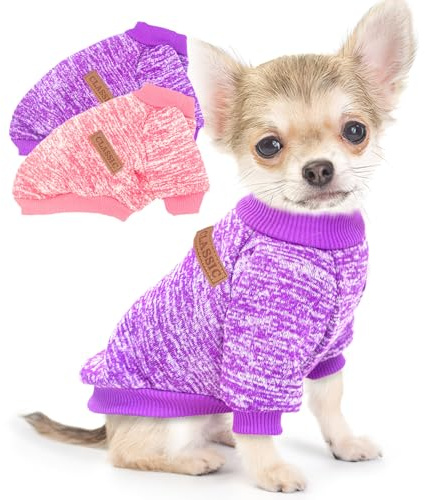 Hundepullover für kleine Hunde, 2 Stück, warme Winterkleidung für Welpen (lila + rosa, Größe XXS)