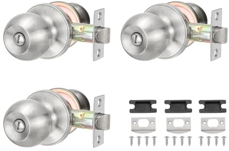 PATIKIL Privacy Keyless Door Knobs Interior, 3 Pack Round Stainless Steel Bedroom Bathroom Door Knob with Lock Entry Indoor Outdoor Door, Silver