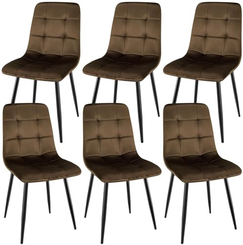 ANVOFONG 6er Set Esszimmerstühle Samtstoff Ergonomisches Gepolsterte | Modernes Design Schwarze Metallbeine Schachbrettmuster für Esszimmer Wohnzimmer Küche Schlafzimmer Braun