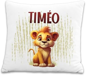 Coussin Personnalisable Motif et prénom - avec Rembourrage - Cadeau Original (Lion)