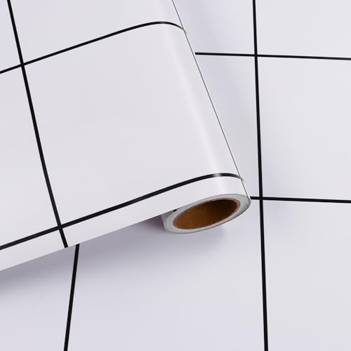 VaryFloral Wandtapete Selbstklebend Schwarz und Weiß Quadratische Möbel Klebefolie 30cmx300cm Wand Tapeten Kurve Abwaschbare Tapete Selbstklebende Folie für Möbel Küche Kabinett Schublade