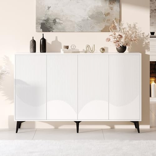 Kebnor Weiß Sideboard Breite 160 cm, Multifunktionales Sideboard,Kommode, Highboard mit verstellbaren Einlegeböden, 4 Türen, Metallbeine