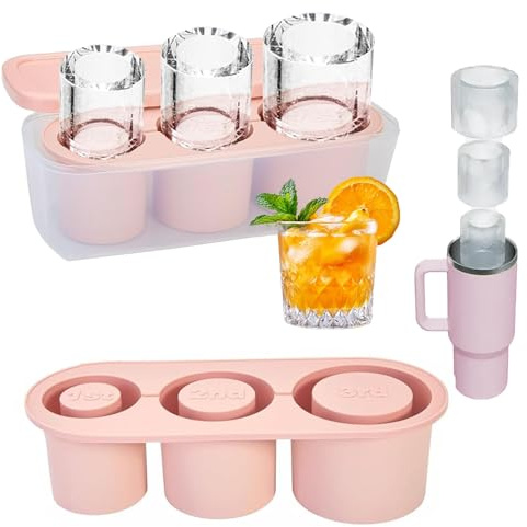 Ice Cube Tray for Tumbler Cup 40 Oz Stanley Cup Silicone Ice Cube Moulds 3Pcs Cylinder Ice Mold Easy Fill & Release Ice Maker with Lid & Bin, for Whiskey Cocktails Coffee Drinks (Pink)