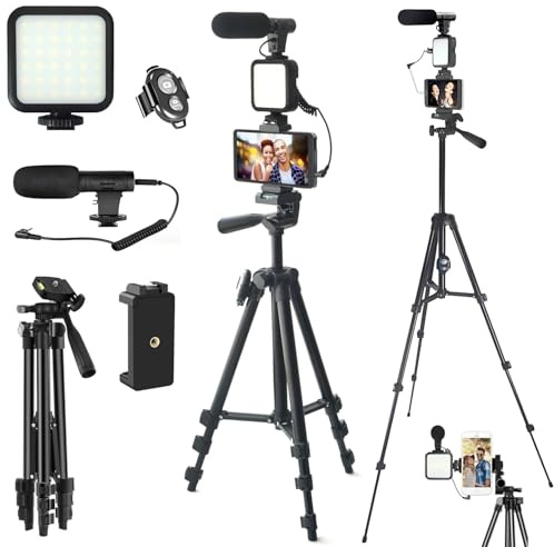 Kit Prise Vue Vidéo, Kit Vlog Professionnel pour Smartphone et Appareil Photo : Microphone, Lumière LED, Trépied Réglable, Support Téléphone, Idéal pour YouTube, TikTok, Live Streaming, Photographie