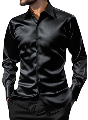 Wirltte Men's Dress Shirt Silk Luxury Long Sleeve Slim Fit Wedding Party Disco Prom Sequin Shirts