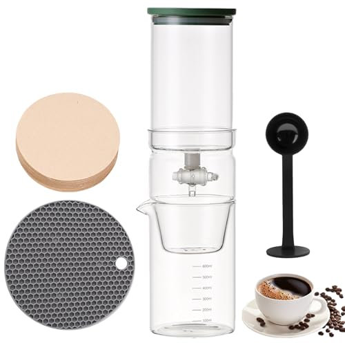 Pasdrucn Cafetera Pour Over de 600 ml, cafetera de cristal con filtro, goteo de café frío frío con válvula de goteo ajustable (transparente)