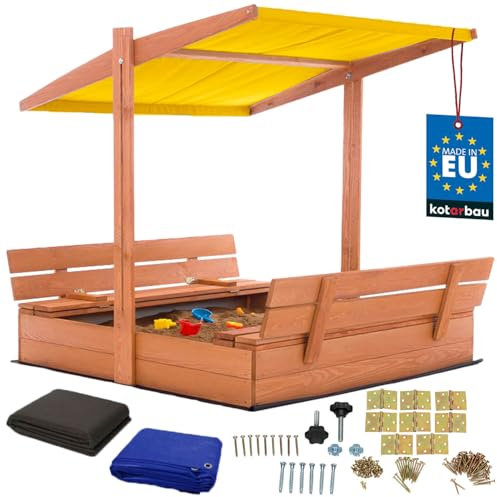 KOTARBAU® Sabbiera con copertura 120 x 120 cm, grande sabbiera in legno marrone con tetto giallo, sabbiera con coperchio, sabbiera con tetto, giocattolo da giardino per bambini, impregnata con panche