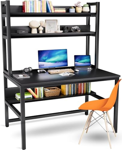 Aquzee Black Desk with Shelves, 120 cm Computer Desk with 3-Tier Storage Shelves, Space-Saving Tall Work Table for Home Office, Study Table with Hutch for Writing Work, Easy Assemble