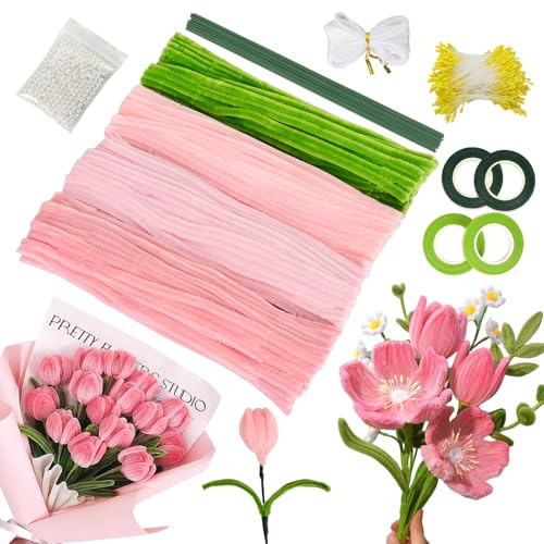 Lot De 400 Fil Chenille Cure Pipe, Kit Bouquet Cure Pipe Chenille Rose avec 20 Fils Fleuriste Verts, Rubans Fleuriste, Ciseaux, Papier Cadeau, Ensemble Bricolage Bouquet Tulipes pour Enfants Adultes