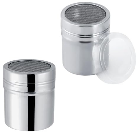2PCS Powdered Sugar Shaker Duster with Lid, Stainless Steel Powder Shaker Fine Mesh Dispenser Jar Can for Flour Spicess Seasoning Coffee Chocolate Kitchen Tool (M)