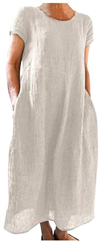 Leinen Sommerkleid Damen, Leinenkleider Damen Mit Taschen Sommer Strandkleid Luftig Frühling Elegante Kleider Große Größen Leinen Musselin T Shirt Kleid Boho a Linien Kleid Casual Frühlingskleid Curvy