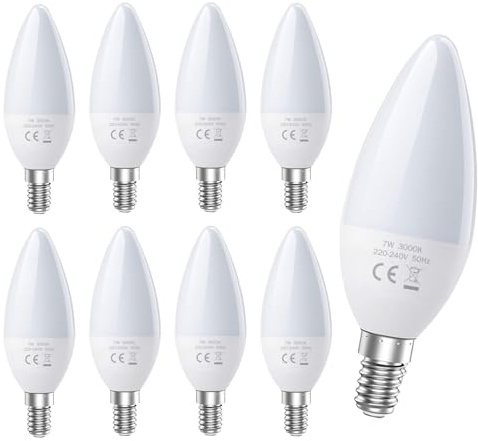 Queeplo E14 Kerze LED Warmweiß Glühbirne, 7W 630 Lumen 3000K Lampe, C37 Energieeffizient Leuchtmittel, Entspricht 28 Watt Glühlampe, 200°Abstrahlwinkel, Nicht Dimmbar, 9er-Pack