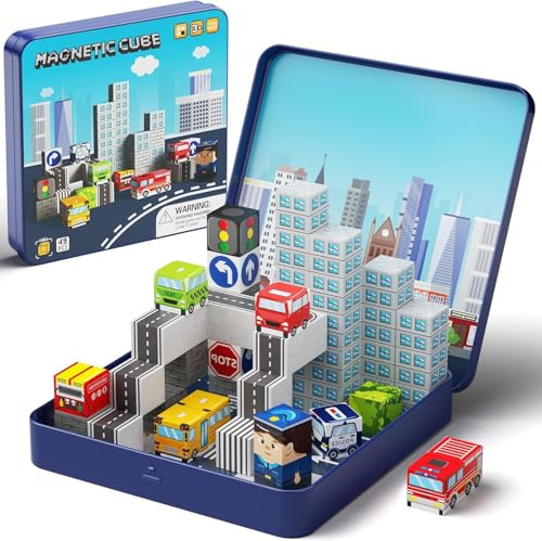 Magnetiska byggstenar stadstrafik set 49 st, barn STEM leksaker resa inlärning magnetiska block, småbarnsleksaker för bil och plan, födelsedag jul present för åldrarna 3+ år barn