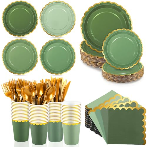 Kochorie 140 PCS Sage Green Party Supplies for 20 Guests Disposable Dinnerware Set Includes Scalloped Plates Napkins Cup Cutlery Tableware Set for Birthday Party Wedding Baby Shower Picnic