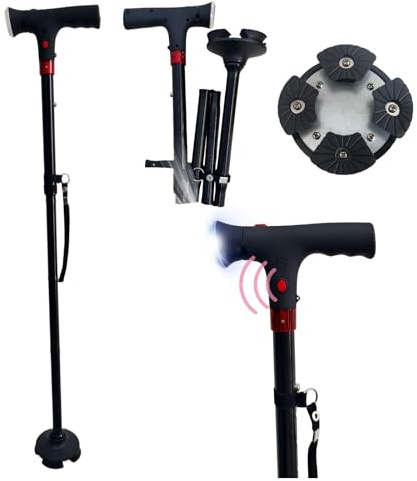 Aisenth Ready Walker Walking Cane for Men & Women - Folding Canes with Non-Slip Handle, 360° Rotating Base, LED Light & Emergency Alarm - Senior Balance Assistance Cane for Daily Walking