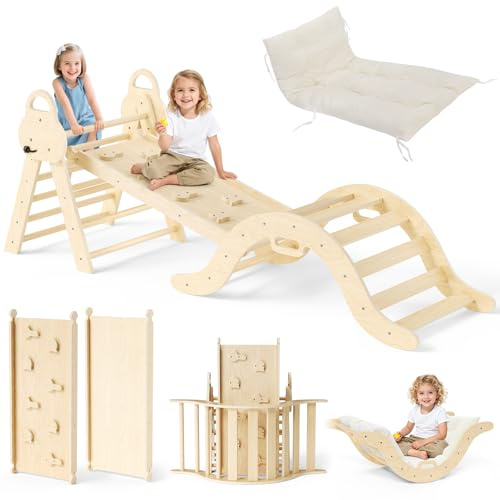 Niktulo Montessori 9 en 1 Juego de cama para interiores, escalera triangular, arco de escalada, red, cojín, estructura de escalada Montessori, parque infantil de madera, para niños de 1 a 5 (juego de