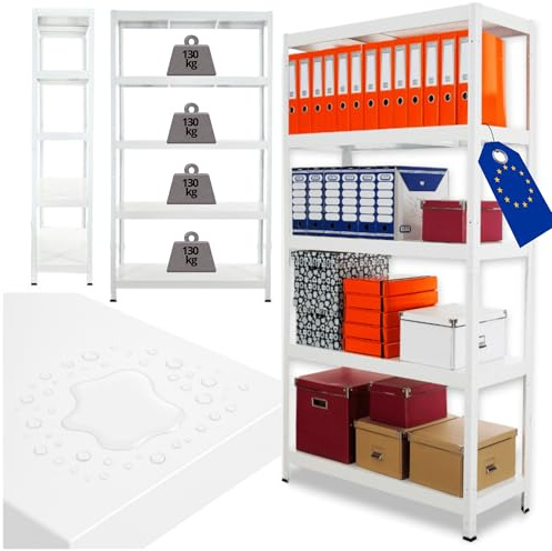 MODO24 Schwerlastregal Metall Elara, 180x90x40 cm, Weiß, 5 Böden je 130 kg Traglast, Lagerregal Stecksystem ohne Schrauben, Steckregal Werkstattregal Kellerregal Garagenregal für Lager Küche Büro
