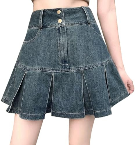 Jeans gonna da donna estiva a vita alta, asimmetrica, culotte, alla moda, casual, gonna in jeans, con pantaloni corti, con bottone, elegante, Blu, 5XL