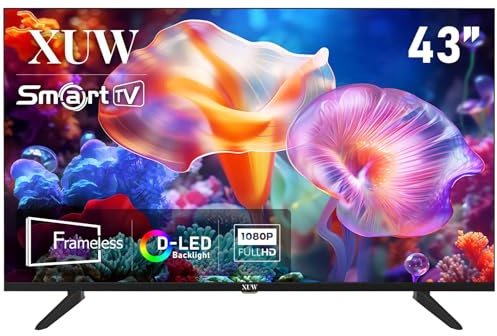 XUW Téléviseur intelligent Full HD 43, rétro-éclairage D-LED, design sans bordures, interface HDMI USB DVB-T2/S2 RJ45, grand écran pour salon, chambre, divertissement à domicile - Noir