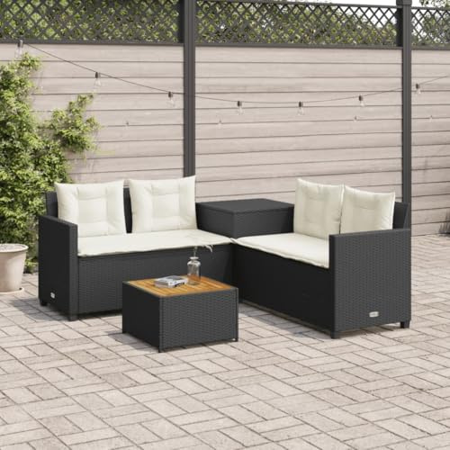 Ziaphsol Gartensofa L-Form Schwarz Poly Rattan, 4-Sitzer Lounge-Set mit Akazienholz-Tischplatte, UV-beständig, wetterfest, für Terrasse, Balkon, Garten, inklusive wasserfestem Stauraum und Kissen