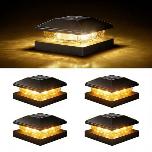 VOLISUN Solar Post Cap Lights 4 Pack, 4x4 Deck Fence Post Solar Lights Outdoor with Warm White Lighting, Waterproof Solar Lights for Vinyl/Wood Posts to Decorate Fence, Deck, Garden, Patio