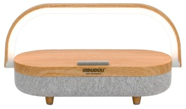 Dudùu - Mood Lampada Multifunzione 4 in 1 con Speaker Bluetooth 5.0, Ricarica Wireless Qi 10W, Powerbank Integrato e Lampada LED Dimmerabile Touch, Supporto Smartphone USB-C (Rovere)