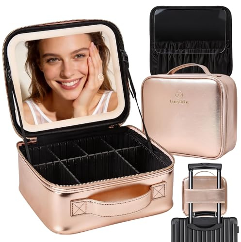 DaizySight Reise Schminkkoffer mit LED Beleuchtung Licht Spiegel, Roségold | Make up Koffer Kosmetikkoffer Tasche Damen, Schminktasche Geschenk, Mittelgröße Beautycase 26*23*11cm, Mittelgroße