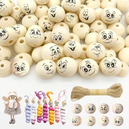 LYITZW 40 Perline Di Legno Con Viso Sorriso, Perline Di Legno Naturale, Perline Rotonde Faccine Sorridente, Perline Per Braccialetti Collane Fai Da Te Artigianato,Perline Artigianali Rotondo Con Legno