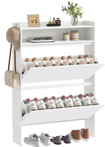Schuhschrank, Schuhkipper, Schuhaufbewahrung, Trennwand Verstellbar | Schuhschrank Schmal, Offenes Fach, 2 Klappen, 80x 22 x 112 cm, 15-20 Paar Schuhe, Weiß