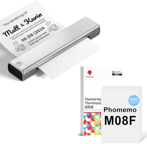 Phomemo M08F A4 Silber Schwarz Tragbarer Drucker mit 200 Blatt A4 Thermopapier, Kabelloser Bluetooth Mobildrucker für Reisen, Auto, Büro & Zuhause