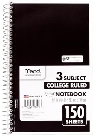 Mead Small Spiral Notebook, 3-Subject, College Ruled Paper, 9-1/2 x 5-1/2, 150 Sheets per Notebook, Color Will Vary, 1 Count (06900)