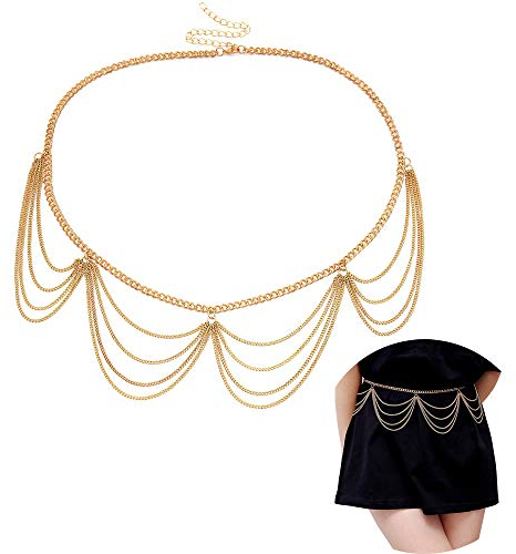 Jurxy Catena in Lega Multistrato Catenina per Donna Catena con Ciondolo a Cintura con Cintura Imbracatura Regolabile per Il Corpo per Abiti Jeans - Oro Stile 3