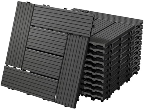ECD Germany WPC Terrassenfliesen 30x30 cm/44 Stück=4m², Anthrazit Mosaik, Holzoptik, Bodenbelag mit Klicksystem und Drainage, Terrassendielen Balkonfliesen, Klickfliesen für Terrasse Garten und Balkon