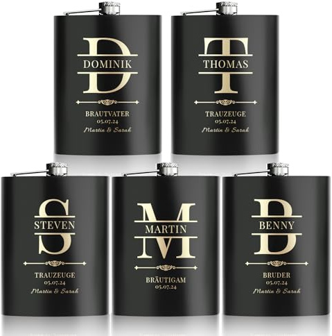 Flasques a Alcool Personnalisés, 5 Pièces Flasques Whisky Inox 304 8oz/227ml Personnalisables, Cadeaux Personnalisés Homme avec Texte pour Témoins du Marié Groomsman, Cadeau de Mariage (Noir)
