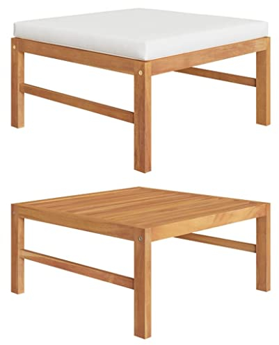 vidaXL Teak Massiv Fußhocker mit Creme Kissen Gartenhocker Sitzhocker Fußbank Hocker Gartenmöbel Holzhocker Garten Terrasse Balkon