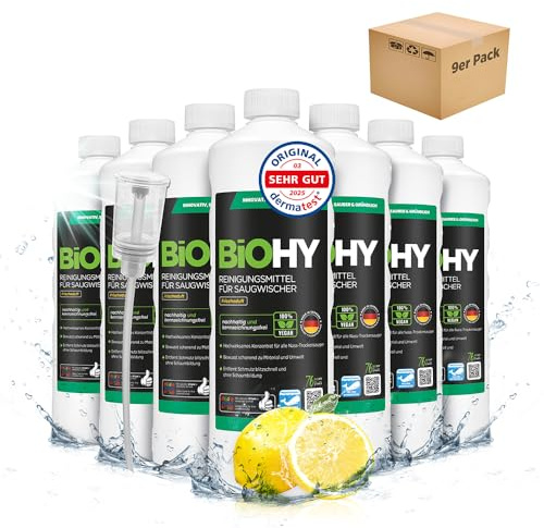 BiOHY Rengöringsmedel för sugmopp med fräsch doft (9 x 1 liter) doserare | 1:200 koncentrat för alla våt- och torrdammsugare | perfekt för kakel, PVC, parkett, laminat och matta | remfri