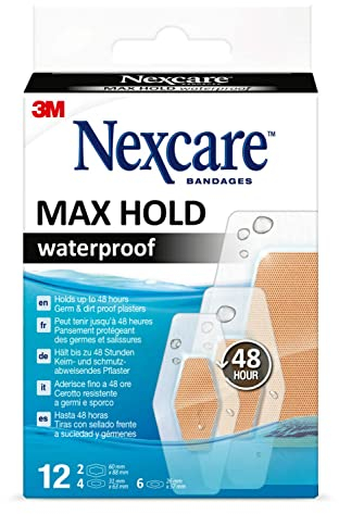 Nexcare Max Hold Wasserfeste Pflaster, Verschiedene Größen, 12 Stück, Atmungsaktive & Wasserdichte Pflaster für Kleine Wunden & Kratzer, Für Erste-Hilfe-Kit