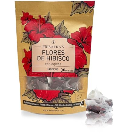 FRISAFRAN | Flores de Hibisco Ecológico en Pirámides 30uds | 60g | Flor de Jamaica | Agua de Jamaica | Infusión de Hibisco | Té | Reparación de Piel | Desintoxicación